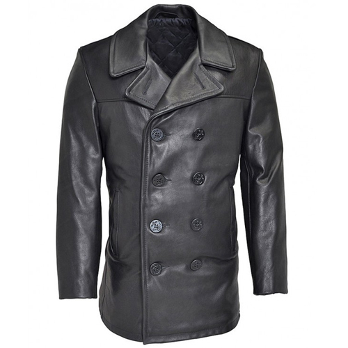 The Custom Jackets - Mens black genuine leather pea coat with lapel collar and button closer
