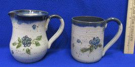 Vintage Salt Glaze Stoneware Pottery Pitcher &amp; Mug Gray w/ Blue Accents ... - $19.79