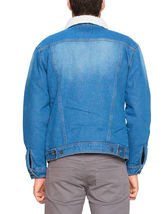 Men’s Sherpa Lined Cotton Denim Jean Button Up Trucker Jacket (Dark Blue, S) image 4