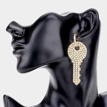 Gold Cream Pearl Key Shaped Bling Dangle Earrings Cute Statement Fashion... - $28.71