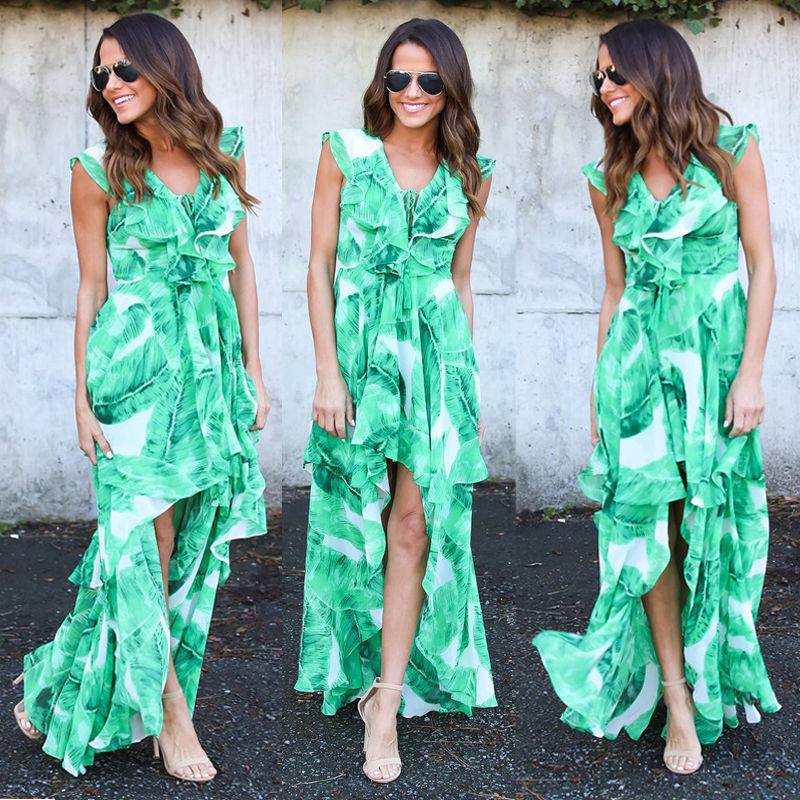 Image of Banana Leaves Print Women's Boho Summer Vestidos Sexy Ruffles Dress Sleeveless