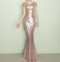 CHAMPAGNE GOLD Short Sleeve Long Sequin Dress Plus Size Bridesmaid Sequin Dress