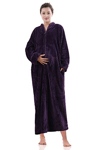 Womens Fleece Robe Plush Spa Long Zip-Front Bathrobe with Pockets for