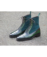 Handmade Men&#39;s Green Leather and Suede Two Tone High Ankle Lace Up Boots - $149.99+