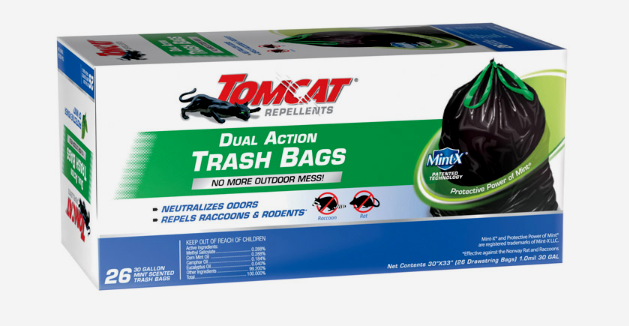 Tomcat MINT-X Dual-Action TRASH BAGS 30 Gal 26pk BLACK Raccoon Rodent Neutralize