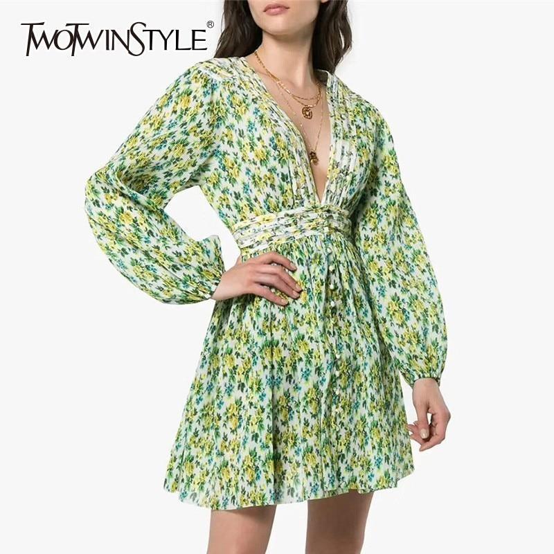 TWOTWINSTYLE Print Dress Female V Neck High Waist Tunic Lantern Long ...