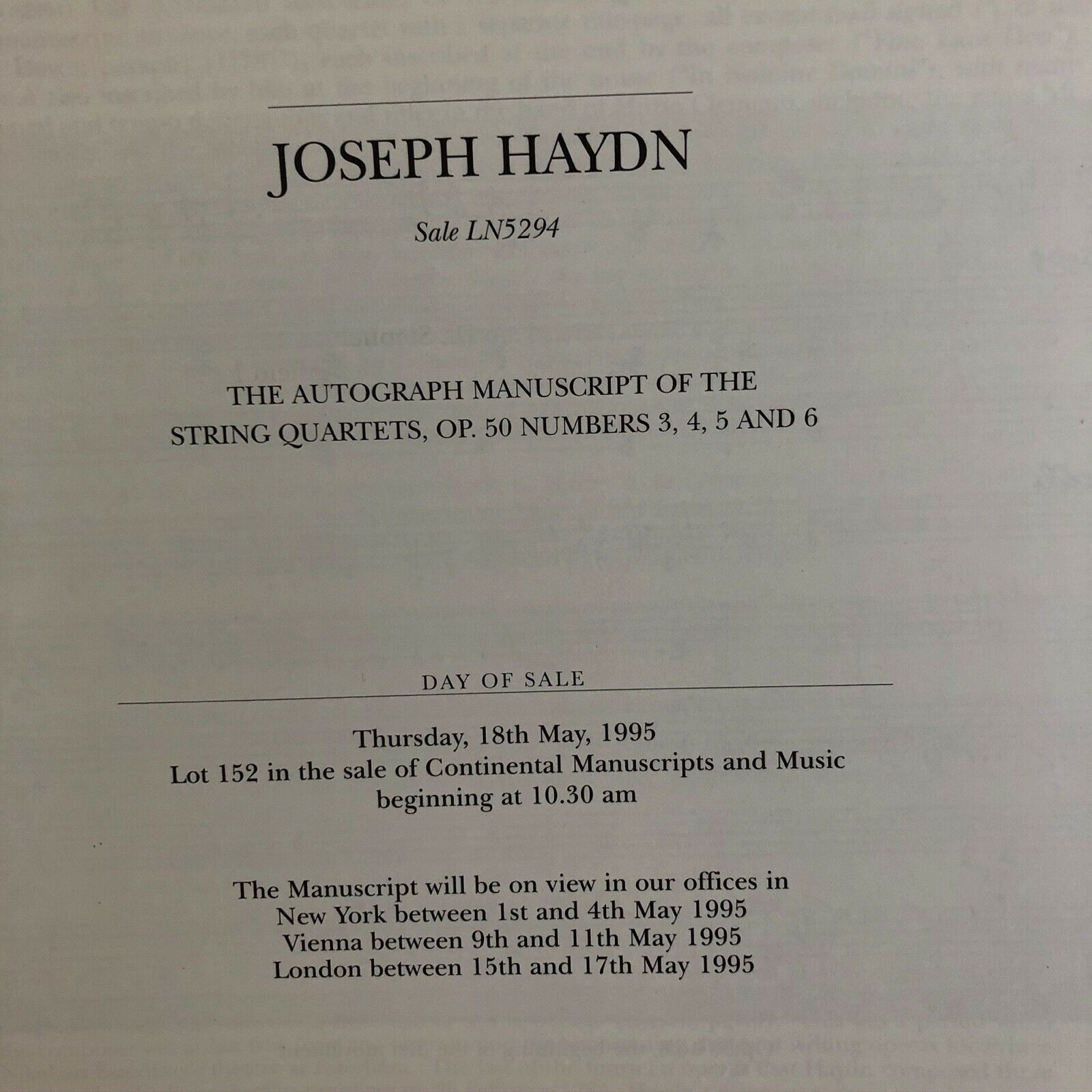 Joseph Haydn Sotheby’s Catalog The Autograph Manuscript of the String