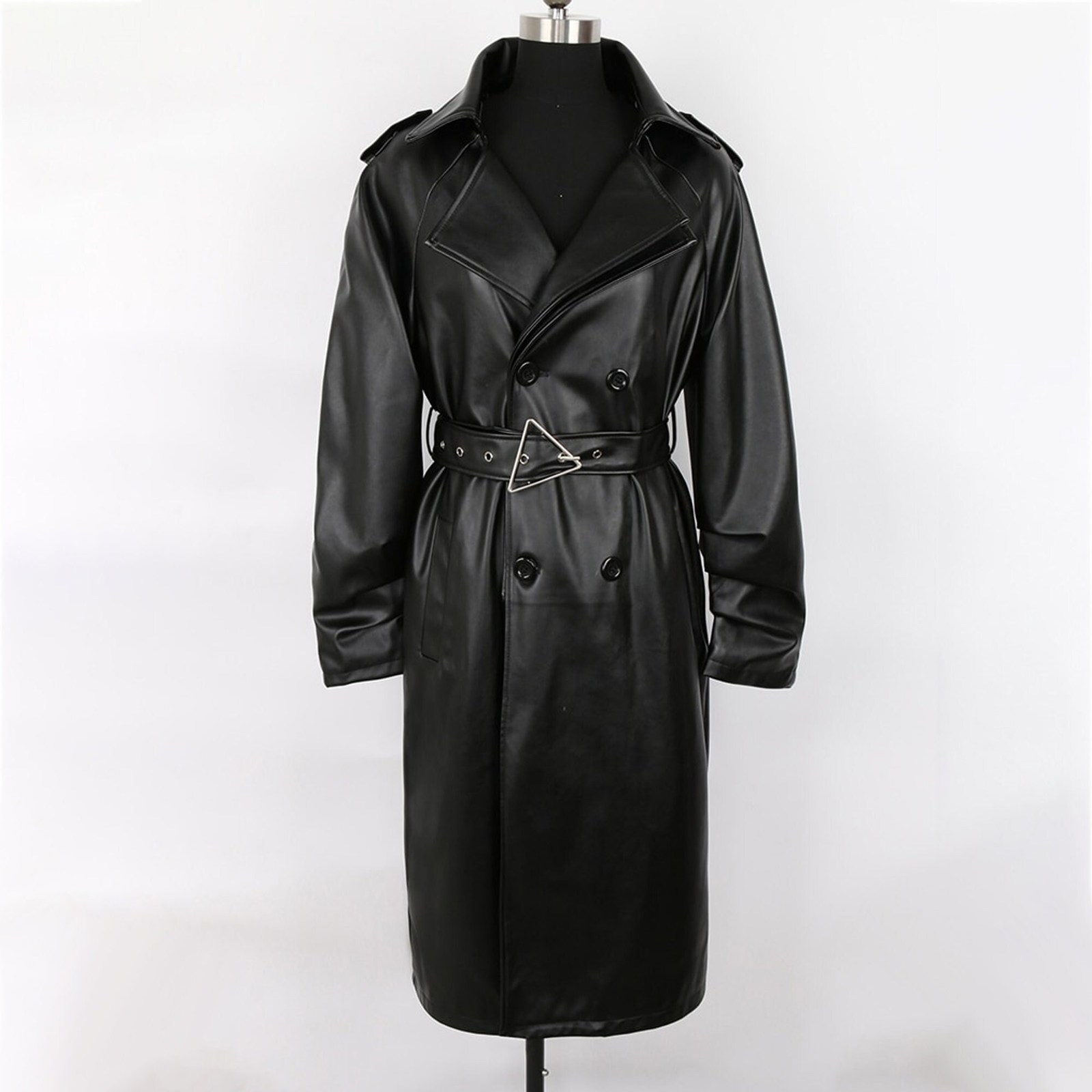 Long Black Faux Leather Trench Coat for Women Belt Double Breasted ...