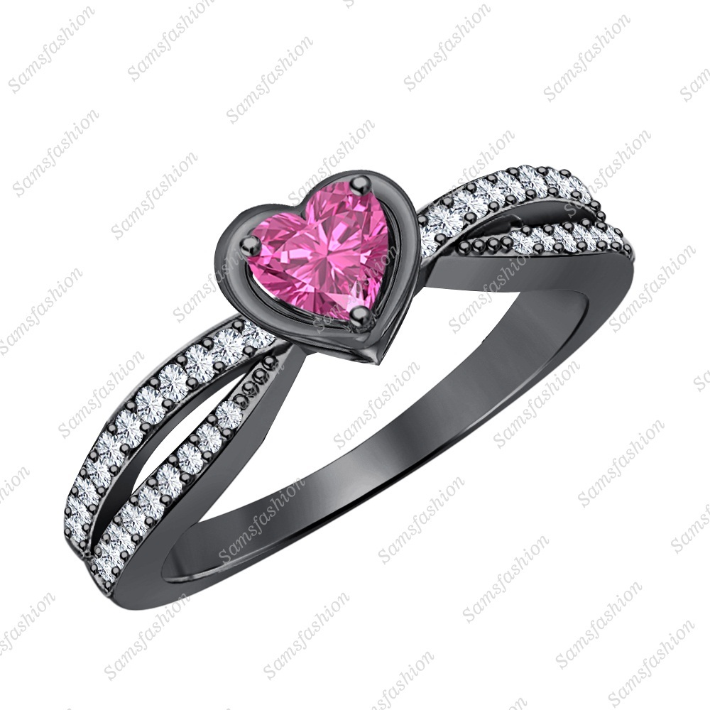 Heart Pink Sapphire & Dia 14k Black Gold Over Elegant Twisting Split Shank Ring