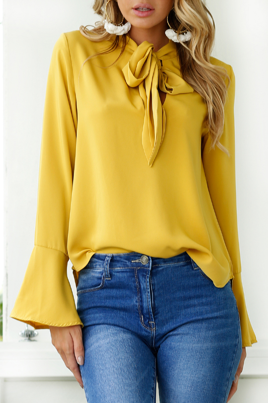 New mustard yellow sexy bow tie casual long sleeve women blouse elegant ...