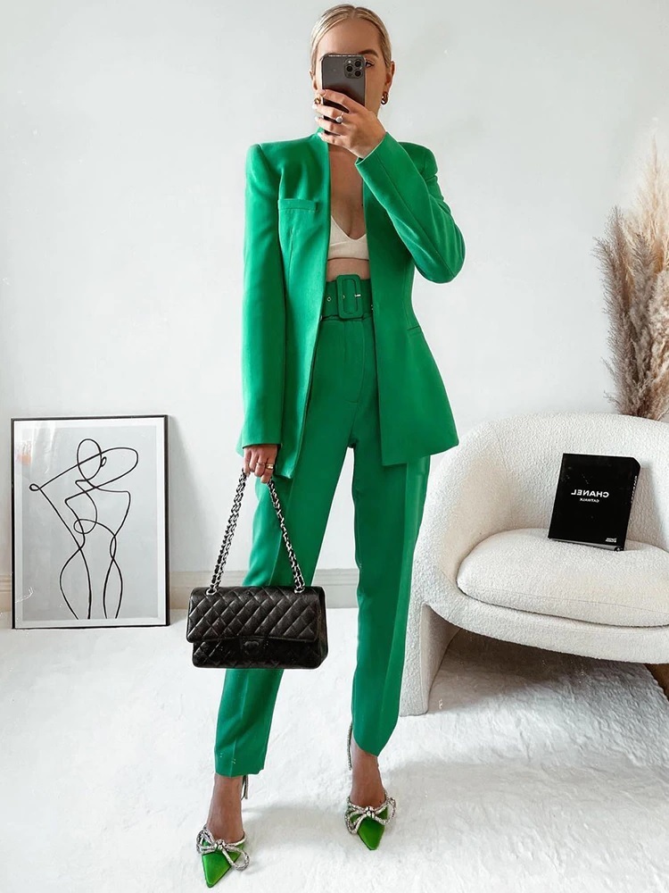 Emerald Green two-piece women suit long blazer and pencil pants with belt