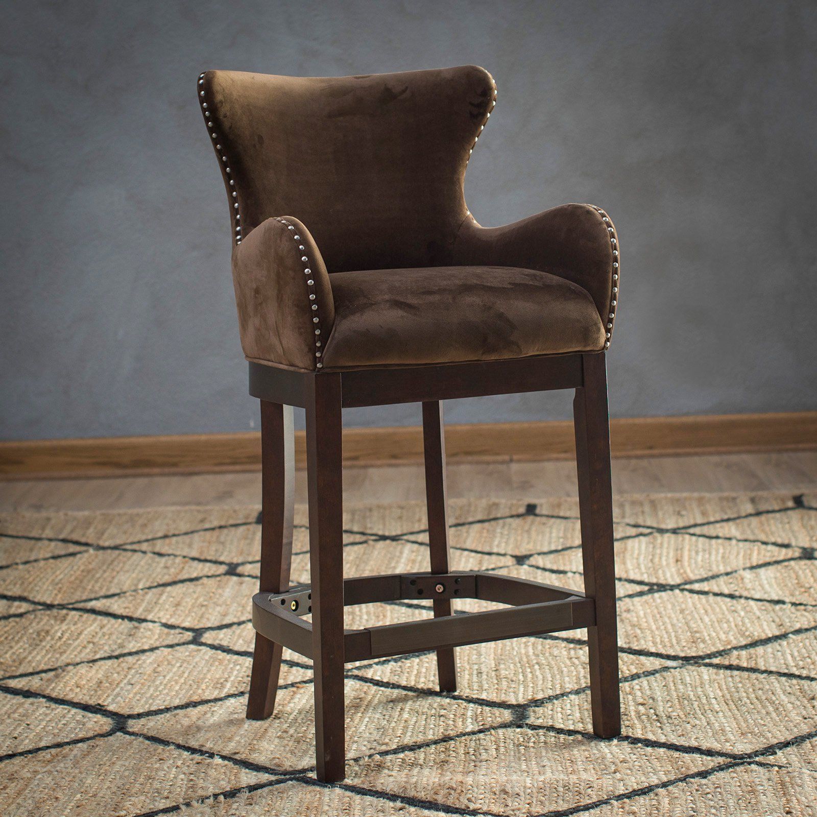 Traditional Wingback Brown Fabric Upholstered Counter Stool w/ Back 27