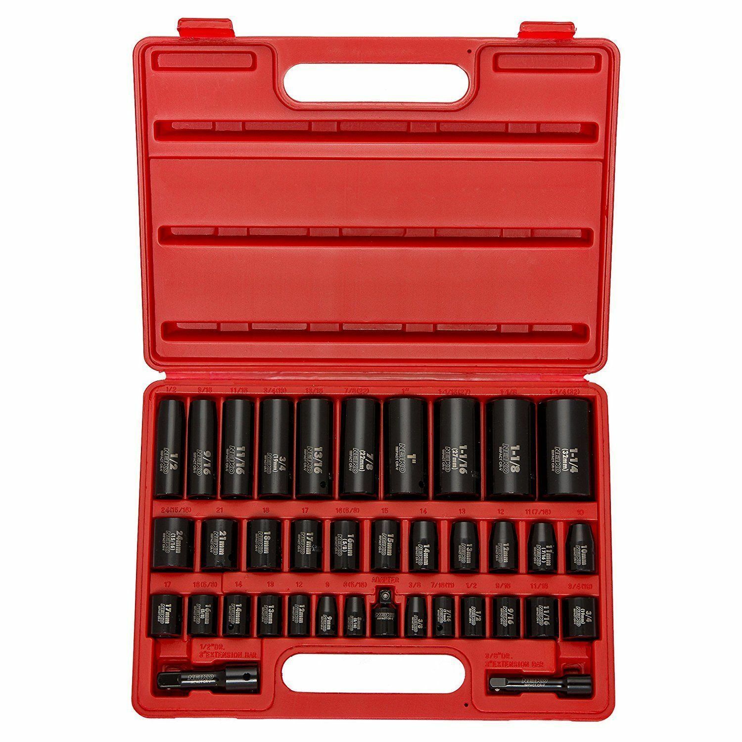 Neiko 38 Pc piece Laser Impact Deep Socket Set, 1/2" Drive Inch/Metric