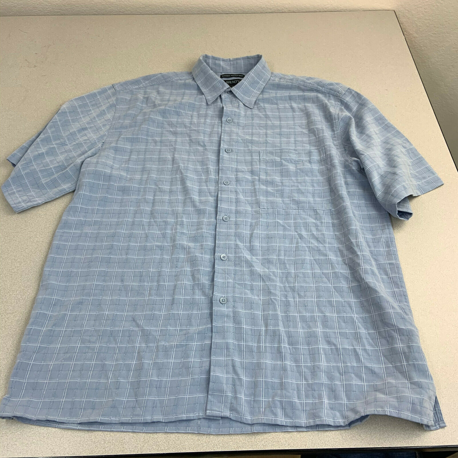 Bruno Sueded Microfiber Button Up Shirt Mens XL Short Sleeve Blue Check ...
