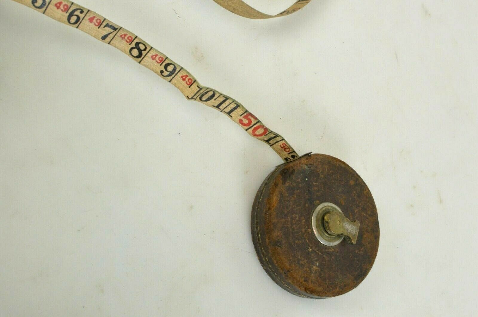Vintage LUFKIN 50 FT Reel Measuring Tape Brass Trim & Cloth Tape