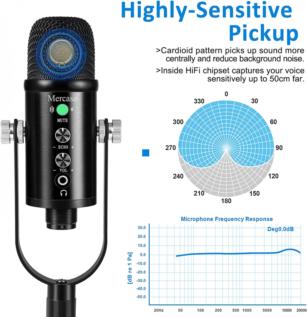 Mercase USB Studio Condenser Microphone Computer Podcast Mic for PC
