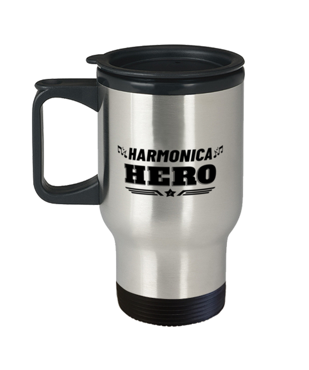 Harmonica Hero Player Travel Mug - 14 oz Insulated Coffee Tumbler For Music