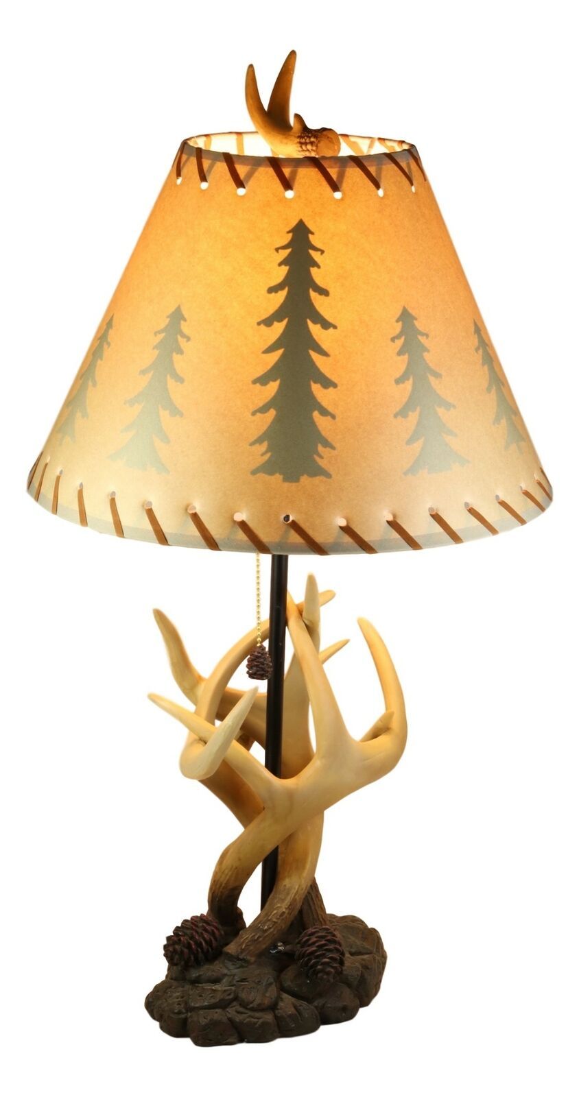 Ebros 26H Rustic Vintage Design 3 Entwined Antlers And Pine Cones Table Lamp