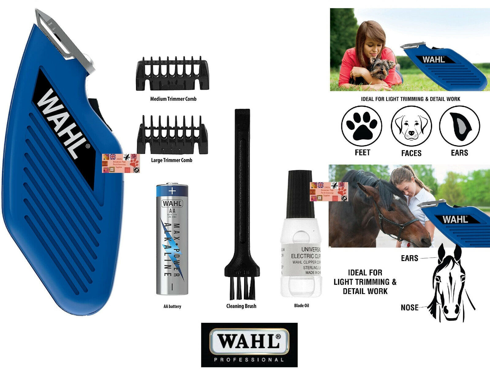 WAHL Cordless Pocket Mini PET HORSE CAT DOG TRIMMER/Clipper Set-Blade,Guide Comb