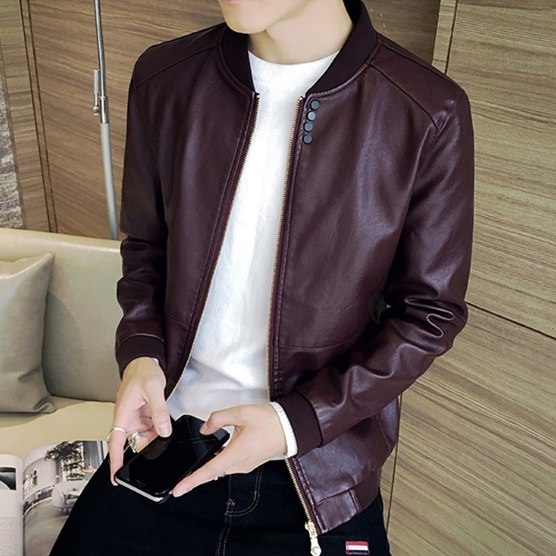 Men Pu Leather Jacket Slim Casual Thin Jackets Fashion Stand Collar Jacket Coats