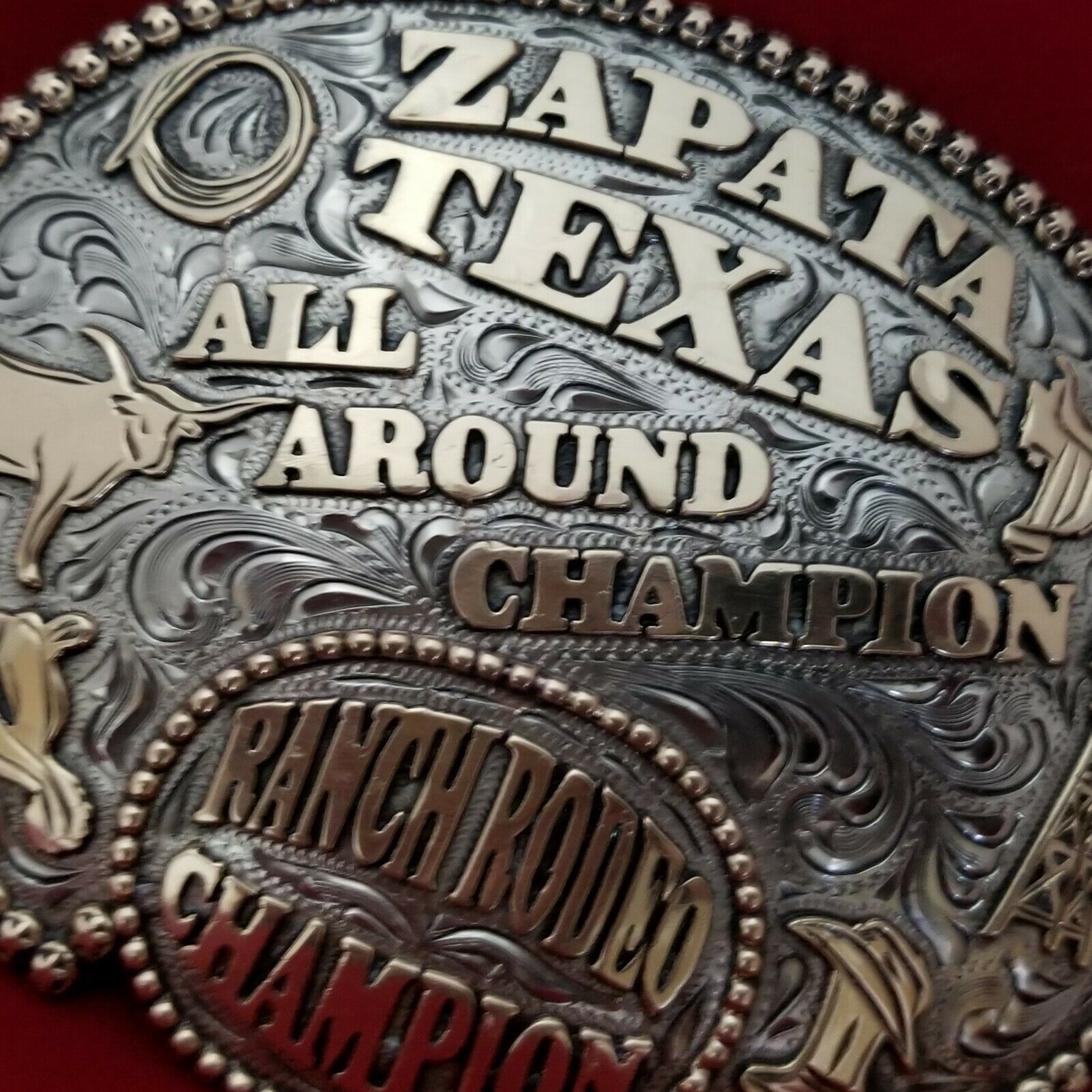 VINTAGE RODEO BUCKLE ZAPATA TEXAS ALL AROUND CHAMPION Hand Engraved ...