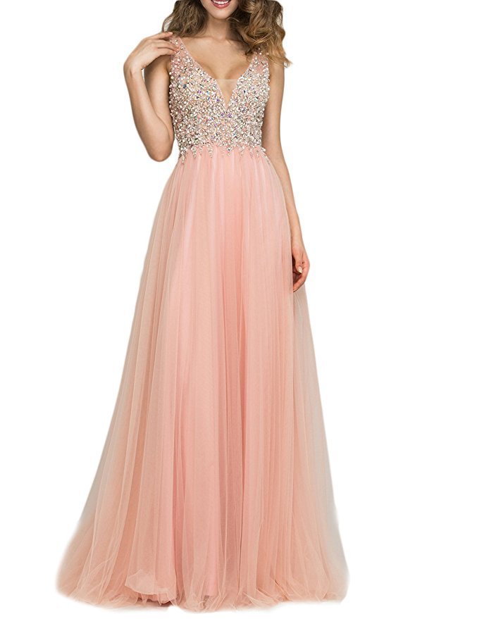 Cheap Long Baby Pink Prom Dress Gown Backless Formal Evening Dress ...