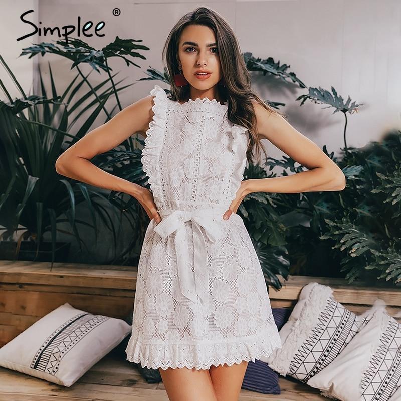 Simplee Elegant embroidery lace women dress Hollow out sashes ruffle ...