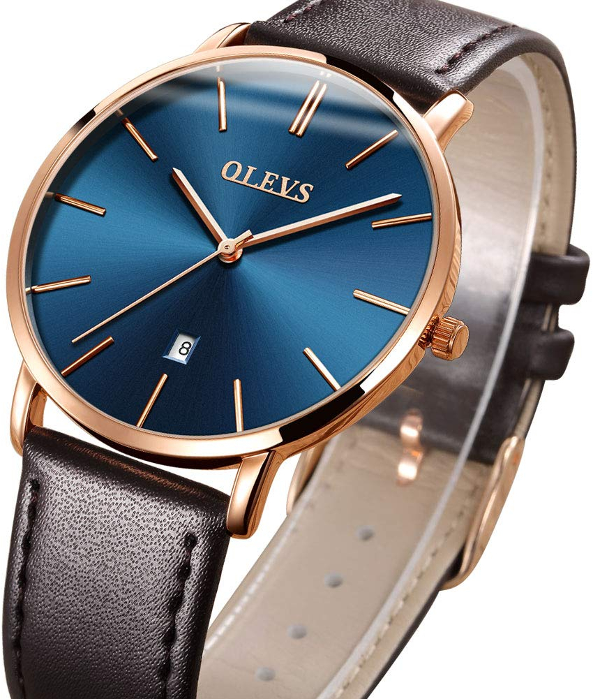 Mens Watch Brown Leather Band Blue Face,Ultra Thin Watches for Men ...