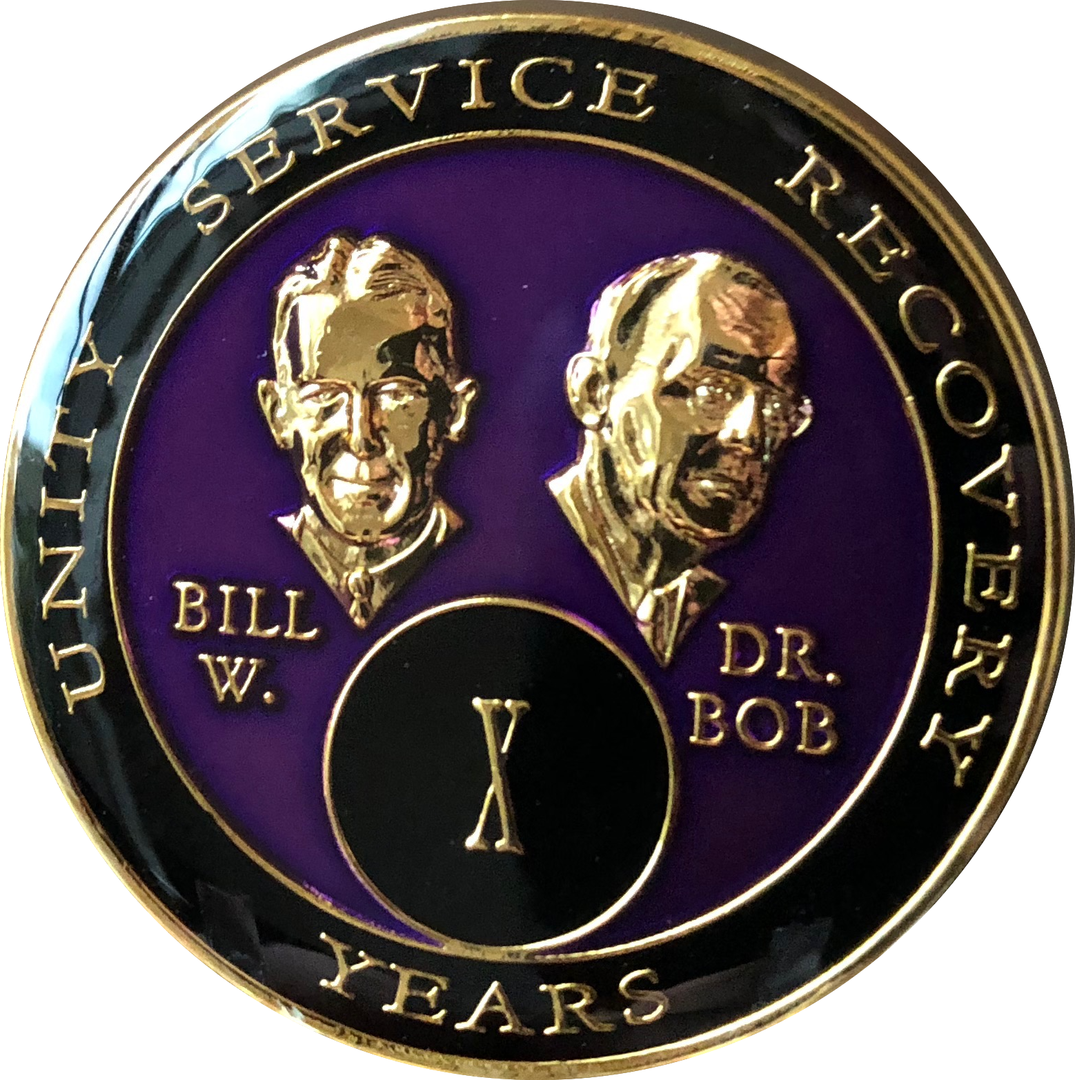10 Year AA Founders Purple Tri-Plate Medallion Bill & Bob Sobriety Chip Ten