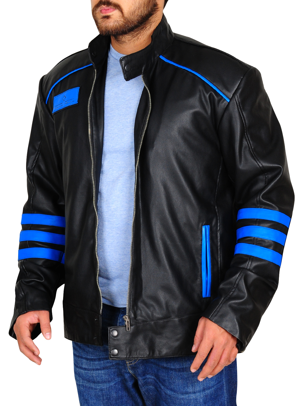 Mens Black Biker Blue Racing Striped Motorbike Genuine Leather Handmade Jacket
