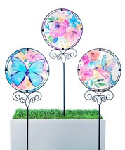 Pastel Floral Garden Stakes Set of 3  Glass and Metal 32" High Double Pronged