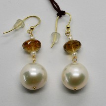 SOLID 18K YELLOW GOLD EARRINGS WITH WHITE PEARL AND BEER QUARTZ MADE IN ITALY image 1