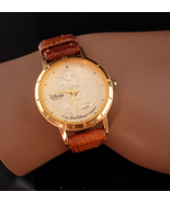 Vintage leather ladies mickey watch - raised relief gold mouse - works g... - $55.00