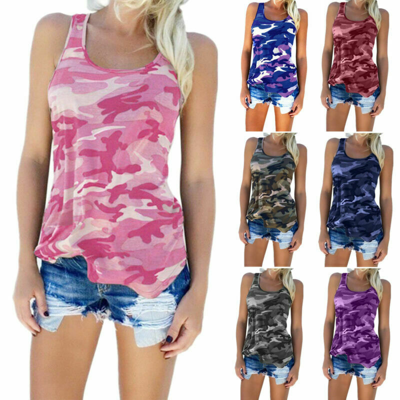 Plus Size Women Casual Army Camo Camouflage Tank Top Sleeveless Racer Back Shirt