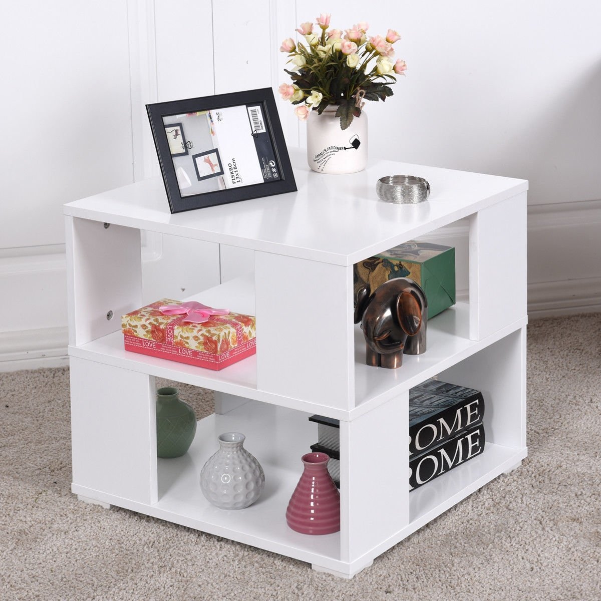 Modern Wood Square End Table with Storage Cube Shelves Tables