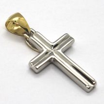 18K YELLOW WHITE GOLD SQUARE TUBE ALTERNATE CROSS, 3 CM 1.2 INCHES MADE IN ITALY image 2