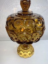 Vintage Moon &amp; Stars 9” Amber Compote Candy Jar  Lidded L.E.Smith/L.G. W... - $46.74