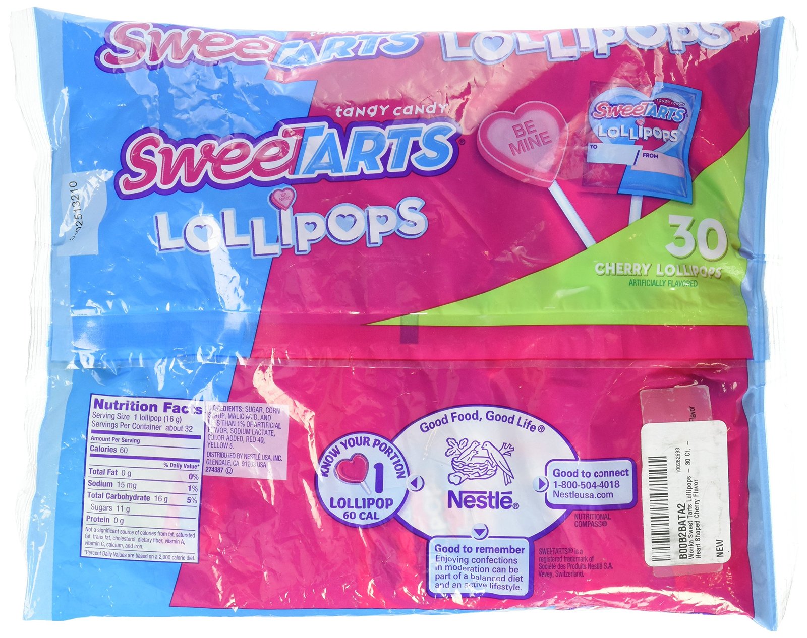 Wonka Sweet Tarts Lollipops 30 Ct, Heart Shaped Cherry Flavor