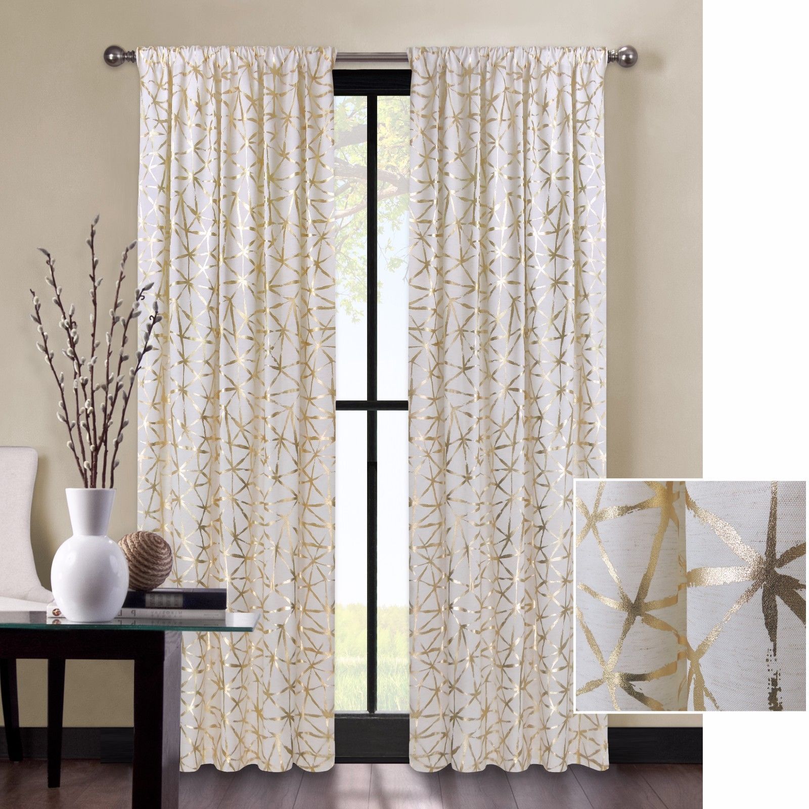 Premium Textured Weave Ivory Gold Metallic Geometric Print Curtains