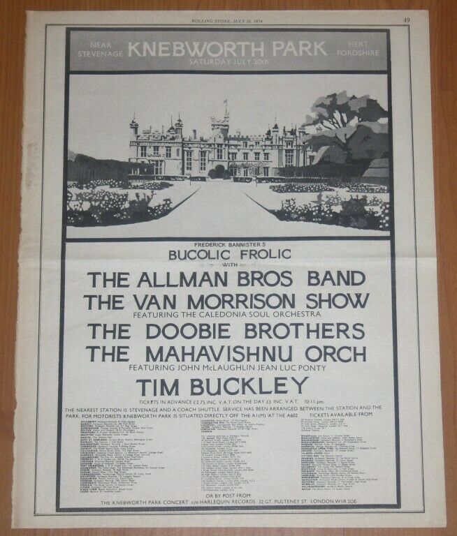 KNEBWORTH PARK CONCERT 1974 Full Page Ad Allman Bros Tim Buckley Van