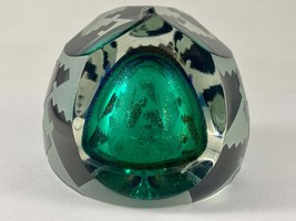 Correia Art Glass Green Dichroic Etched Faceted Paperweight 3” H Signed LE - $175.00