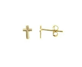 18K YELLOW GOLD EARRINGS SMALL CROSS, SHINY, SMOOTH, 4mm, MADE IN ITALY image 1