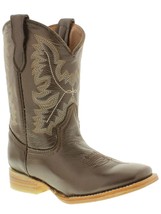 Boys Kids Youth Smooth Brown Real Leather Western Cowboy Boots Toddler Square - $54.99