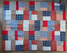 Pottery Barn Kids Quilt Red White Blue Strips and Plaids 84 X 67 - $47.49