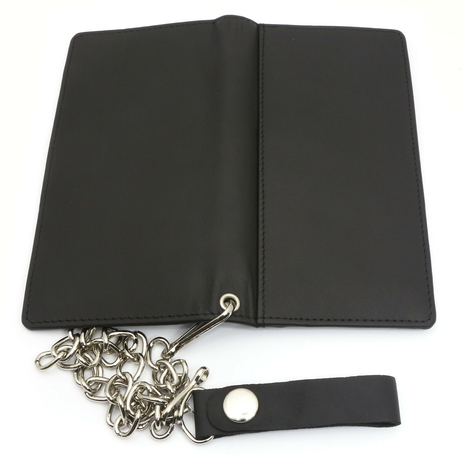 Bifold Black Genuine Leather Checkbook Holder Snap Button Wallet with a Chain Wallets