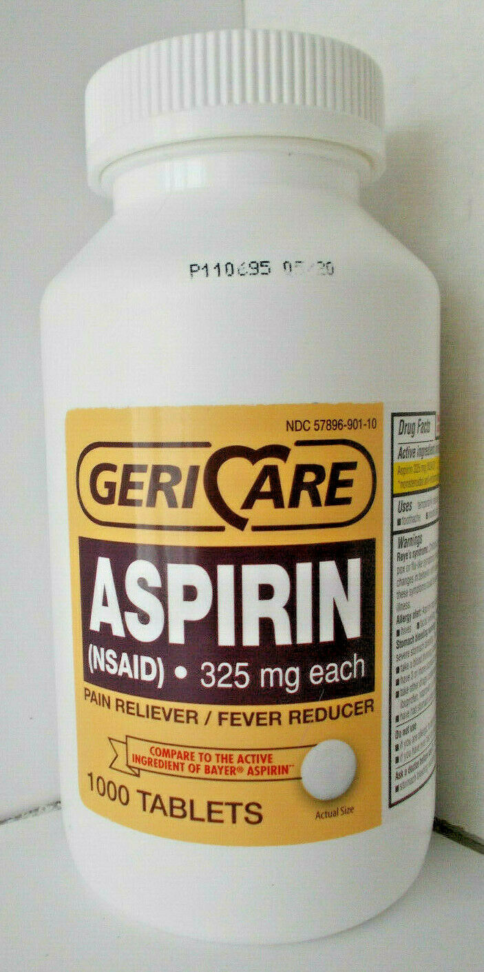 GeriCare Aspirin 1000 325mg Tablets Pain & Fever Reliever Sealed BB 05/20 Pain & Fever Relief