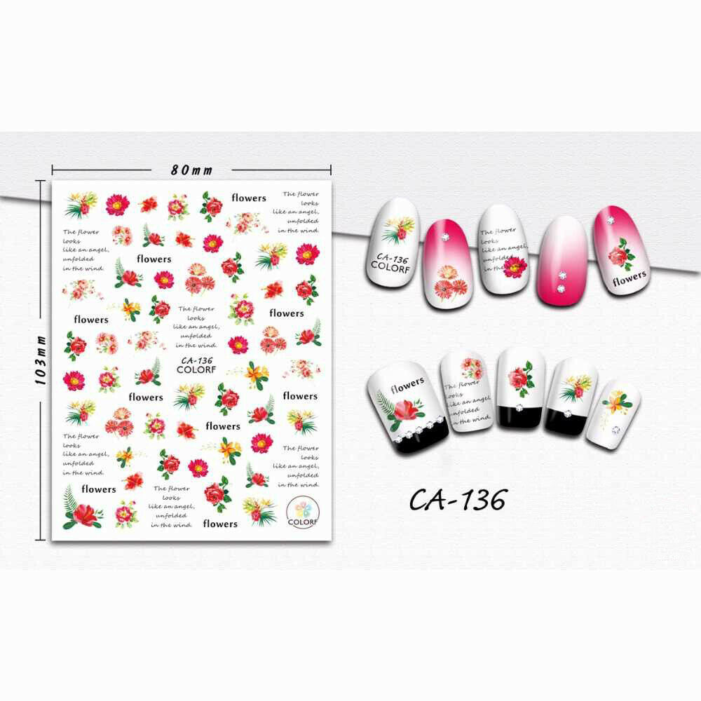 Nail Art 3D Decal Stickers Red Pink Yellow Flowers CA136