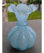 HTF Fenton SMALL Blue Cased Overlay Glass Beaded Melon Vase 4.75&quot; Tall - $149.00