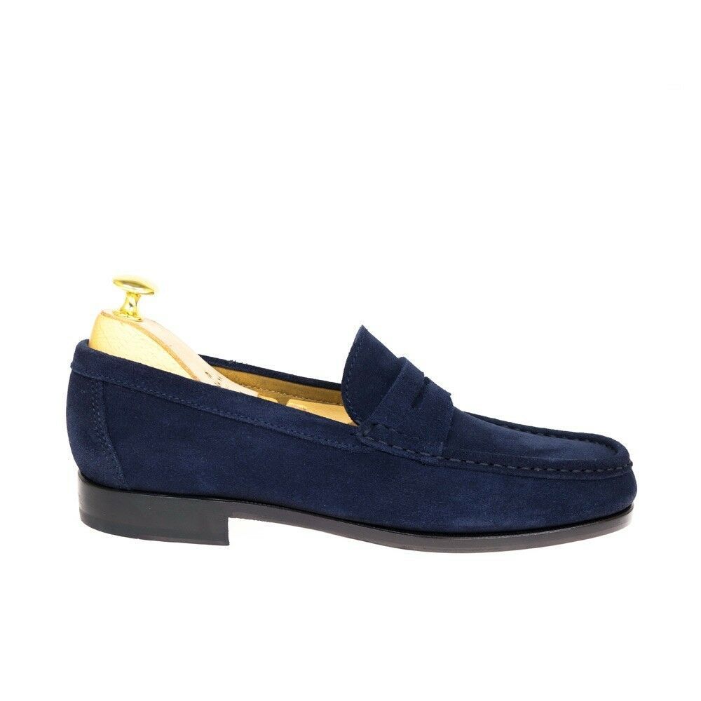 Men's Navy Blue Color Suede Penny Loafer Slip On Genuine Leather Shoes ...
