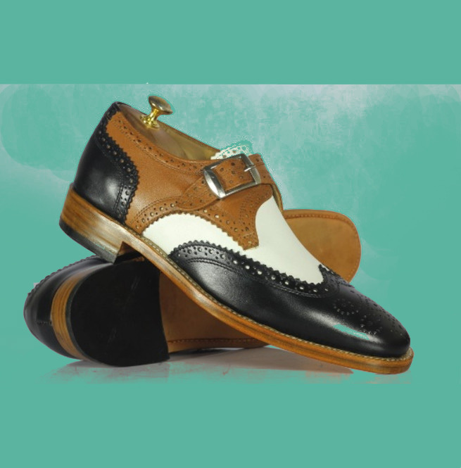 Luxury Multi Color Brogue Wingtip Genuine Leather Monk Buckle Strap Dress Shoes